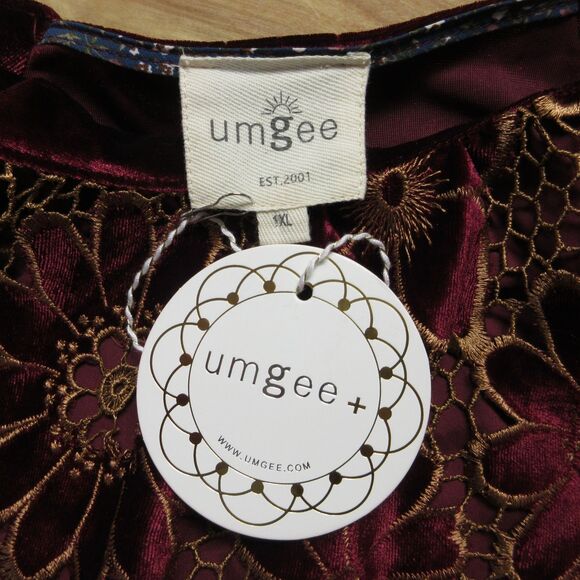UMGEE Floral Lace Velvet Top Sz 1X Red Wine Blouse Smocked Raglan Sleeves NWT - Picture 7 of 12